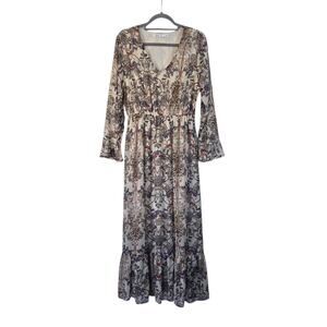 Fraiche By J Romantic Boho Neutral Floral Fall Hippie Maxi Dress, Size Large